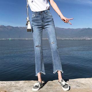 Frayed Hem Ripped Cropped Boot Cut Jeans
