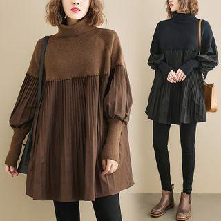 Turtleneck Lantern-sleeve Pleated Blouse