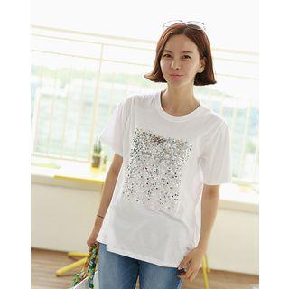 Short-sleeve Sequined Cotton T-shirt