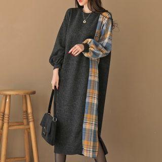 Balloon-sleeve Plaid-panel Midi Dress