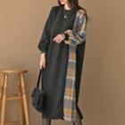 Balloon-sleeve Plaid-panel Midi Dress