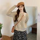 Long Sleeve Lace Collar Plain Knit Cardigan Sweater Cardigan - One Size