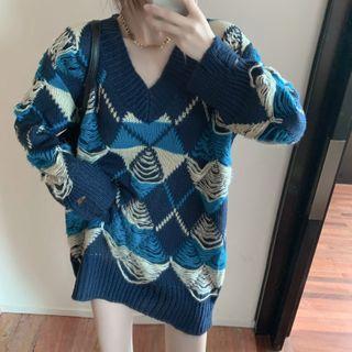 Argyle Distressed Sweater Blue - One Size