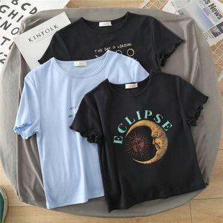 Printed Lettuce Edge Short-sleeve Cropped T-shirt