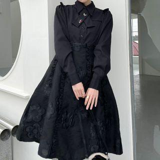 Puff-sleeve Floral Embroidered Paneled A-line Dress