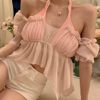 Bell-sleeve Off-shoulder Halter Neck Top