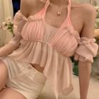 Bell-sleeve Off-shoulder Halter Neck Top
