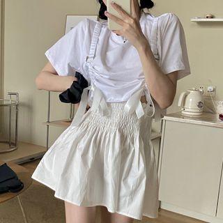 Plain Short-sleeve Drawstring Cropped Top / Mini A-line Skirt
