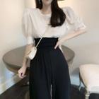 Set: Puff-sleeve Blouse + High Waist Wide-leg Pants Blouse - White - One Size / Pants - Black - One Size