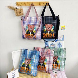 Bear Print Plaid Crossbody Tote Bag