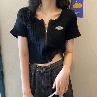 Short-sleeve Logo Ribbed Zip Knit Top