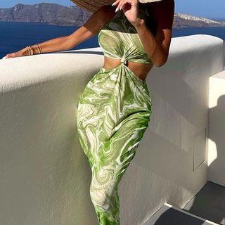 Halter-neck Patterned Cutout Bodycon Dress