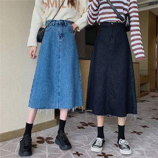 Frayed Midi A-line Denim Skirt