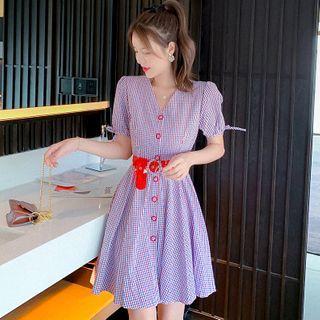V-neck Plaid A-line Dress With Belt