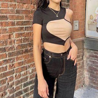 Asymmetrical Cold-shoulder Two-tone Crop T-shirt