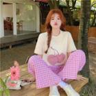 Short-sleeve Cherry Print T-shirt / Gingham Wide Leg Pants