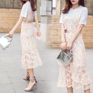 Set: Short-sleeve Long Top + Spaghetti Strap Lace Midi Dress