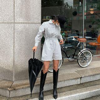 Long-sleeve Stripe Shirtwaist Playsuit White - One Size