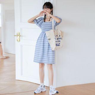 Square-neck Two Tone Striped Pleated A-line Mini Dress Blue - One Size