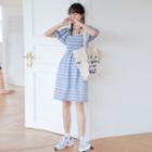 Square-neck Two Tone Striped Pleated A-line Mini Dress Blue - One Size