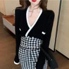 Contrast Trim V-neck Cardigan / Houndstooth Pencil Skirt