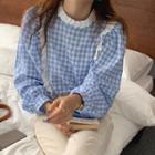 Long-sleeve Ruffle Trim Plaid Blouse Blue - One Size