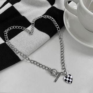 Checkerboard Heart Necklace 1 Pc - Black & Whtie - One Size