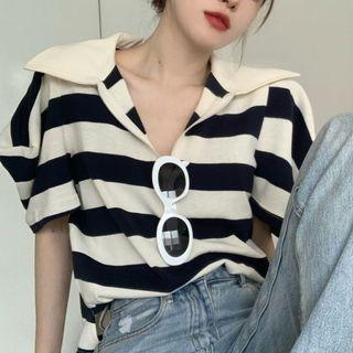 Short-sleeve Striped Half-zip Polo Shirt Stripes - Black & White - One Size
