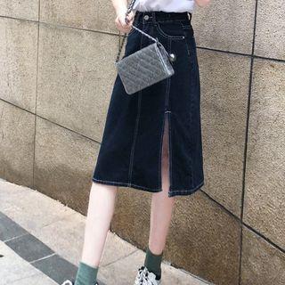 High-waist Side-slit A-line Denim Skirt
