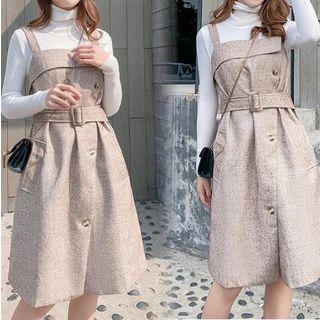 Set: Long-sleeve Plain Top + Buttoned Jumper Dress