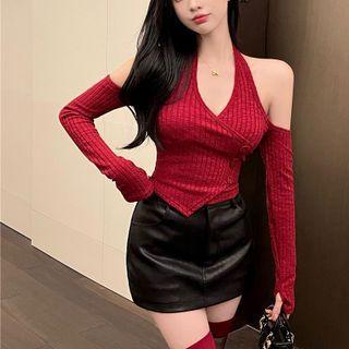 Long-sleeve Cold Shoulder Knit Top / Fluffy Jacket / Faux Leather Mini Pencil Skirt