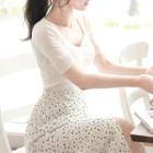 Set: Sweetheart-neck Knit Top + Floral Midi Wrap Skirt Beige - One Size