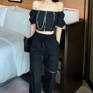 Set: Off-shoulder Zip-front Top + Pants