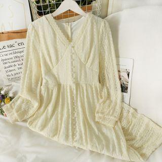 Pearl-accent V-neck Lace Midi Dress Almond - One Size