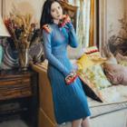 Long-sleeve Midi Knit Pleated Dress Blue - One Size