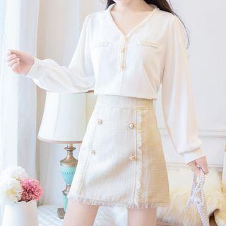 Long-sleeve Embellished Chiffon Blouse / Fitted Mini Skirt / Set