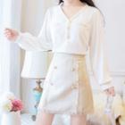 Long-sleeve Embellished Chiffon Blouse / Fitted Mini Skirt / Set