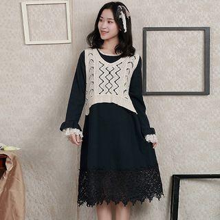 Set: Lace Panel Long-sleeve A-line Dress + V-neck Knit Vest