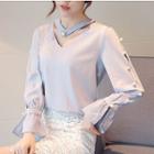 Faux Pearl Embellished V-neck Bell-sleeve Chiffon Blouse