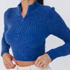 Stand Collar Ribbed Long Sleeve Cropped Sweater