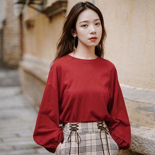 Plain Long-sleeve T-shirt Wine Red - One Size