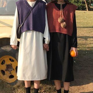 Plain Sweater Vest/ Long-sleeve Midi A-line Dress