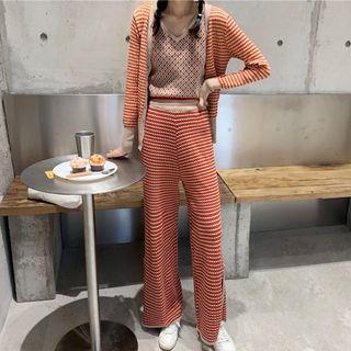 Striped Cardigan / V-neck Patterned Knit Vest / Striped Knit Wide Leg Pants / Set
