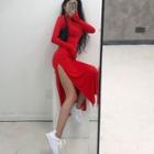 Plain Long-sleeve Slim-fit Midi Dress