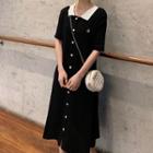 Pineapple Embroidered Elbow-sleeve Midi Collared Dress