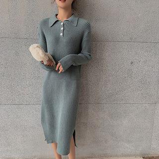 Long-sleeve Midi Polo Knit Dress Green - One Size