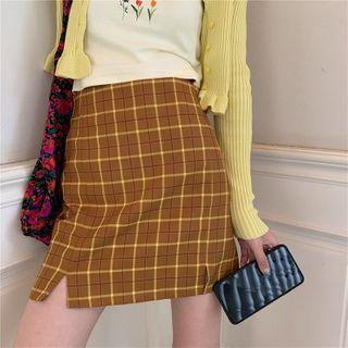 Flower Print Camisole Top / Cropped Cardigan / Plaid Mini A-line Skirt