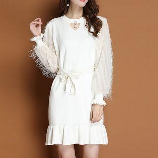 Long-sleeve Feather-accent Mini A-line Knit Dress