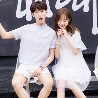 Couple Matching Plain Short Sleeve Shirt / Set: Striped Panel Short Sleeve Dress + Spaghetti Strap Dress