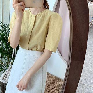 Hidden-button Linen Blend Blouse